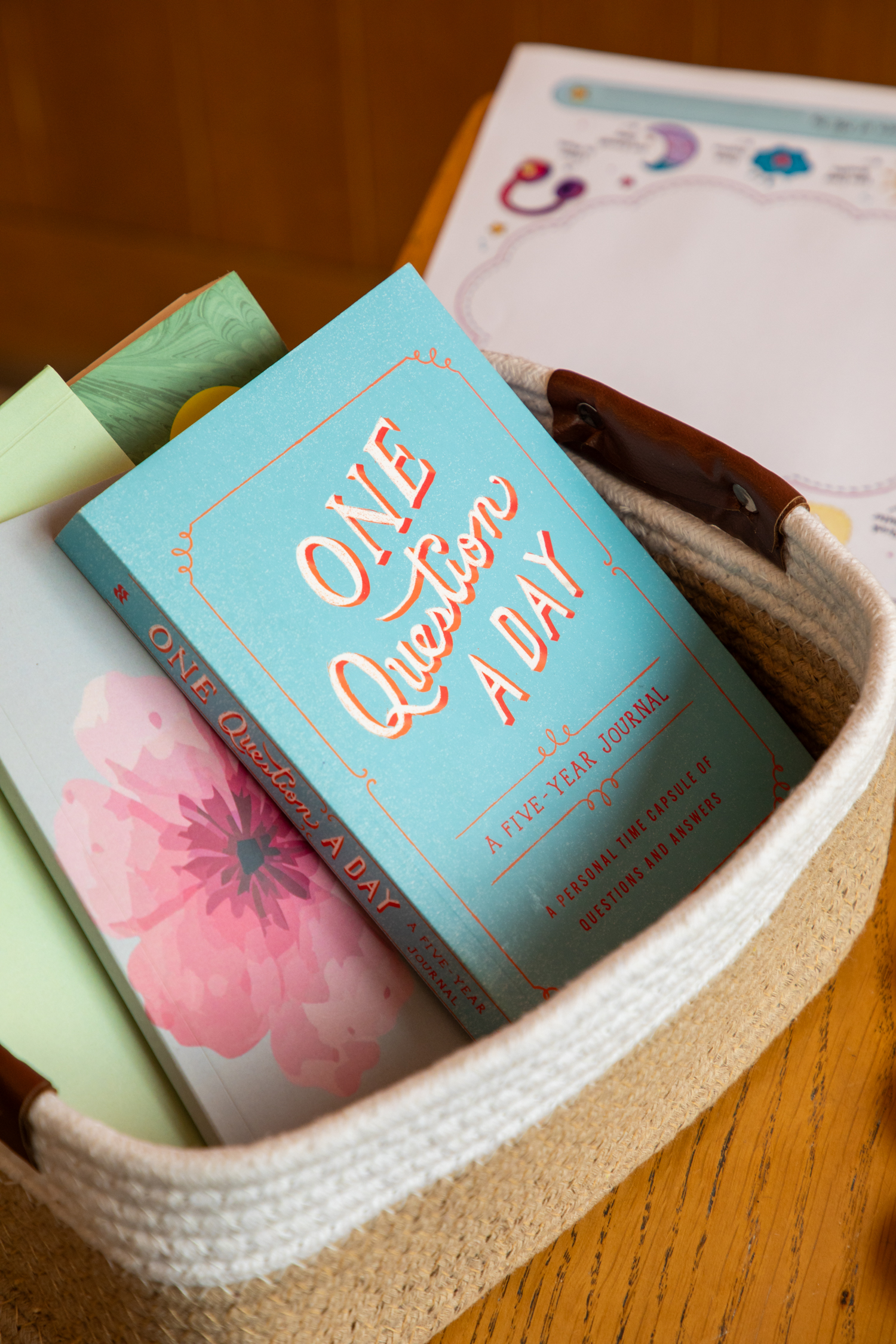 Journals and stationery in a basket